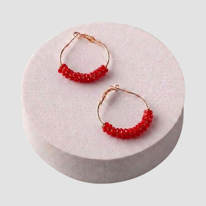 ER37842 Bead Wrapped Hoop Earring in Red