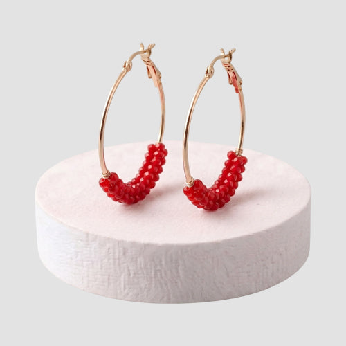 Bead Wrapped Hoop Earring in Red