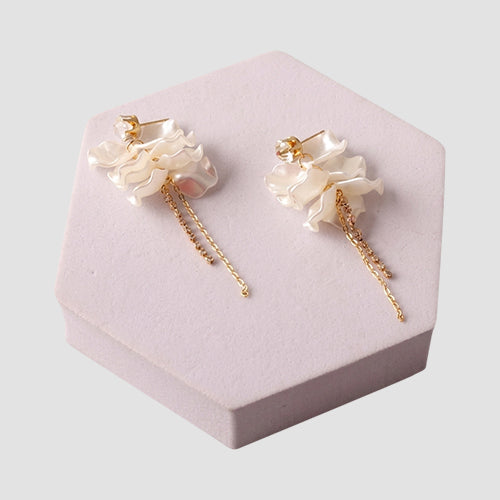 ER38078BE Petal Tassel Rhinestone Chain Earring in Gold/White