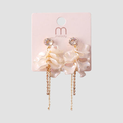 Petal Tassel Rhinestone Chain Tail Earring in Gold/White