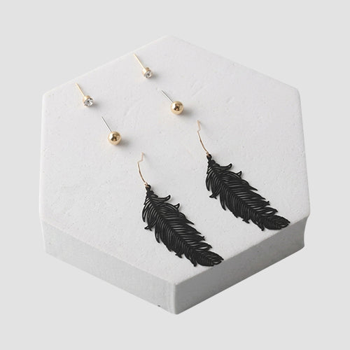 Matte Feather Drop 3-Pair Earring Set in Black/Gold