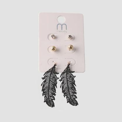 ER38650 Matte Feather Drop 3-Pair Earring Set in Black/Gold