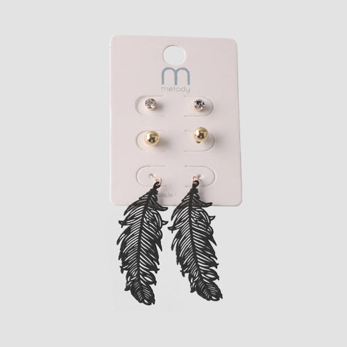 ER38650 Matte Feather Drop 3-Pair Earring Set in Black/Gold