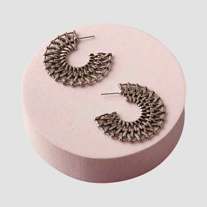 ER38943 Metal Basketweave Fan Hoop Earring in Gunmetal