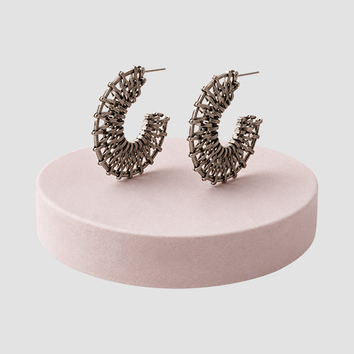 Metal Basketweave Fan Hoop Earring in Gunmetal