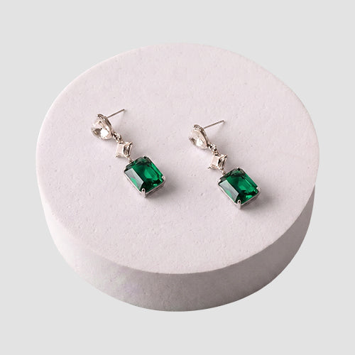 ER39166 Crystal Square Heart Cut Earring in Silver/Green