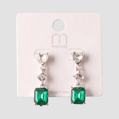 Crystal Square Heart Cut Earring in Silver/Green