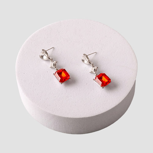 ER39166 Crystal Square Heart Cut Earring in Silver/Red