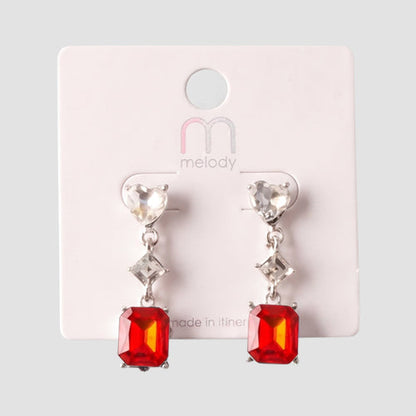 Crystal Square Heart Cut Earring in Silver/Red