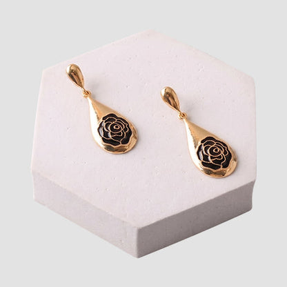 ER39651 Rose Enamel Teardrop Earring in Gold/Black