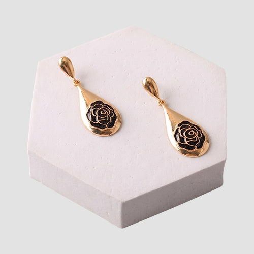 ER39651 Rose Enamel Teardrop Earring in Gold/Black