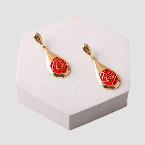 ER39651 Rose Enamel Teardrop Earring in Gold/Red