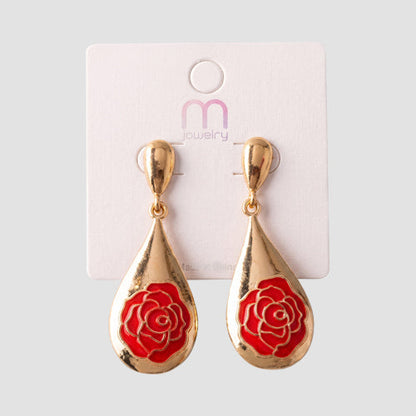 Rose Enamel Teardrop Earring in Gold/Red