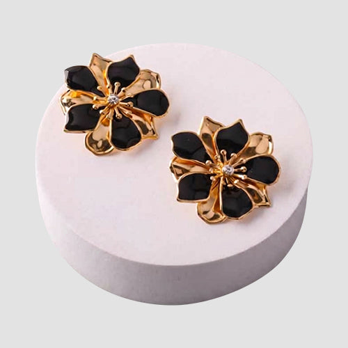 ER39655 Elegant Layered Magnolia Rhinestone Earring in Gold/Black