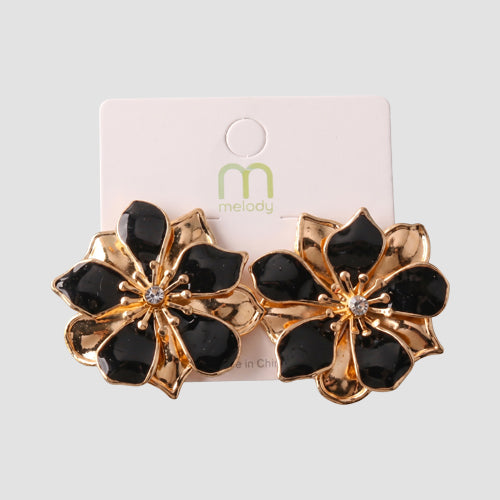 Elegant Layered Magnolia Rhinestone Earring in Gold/Black