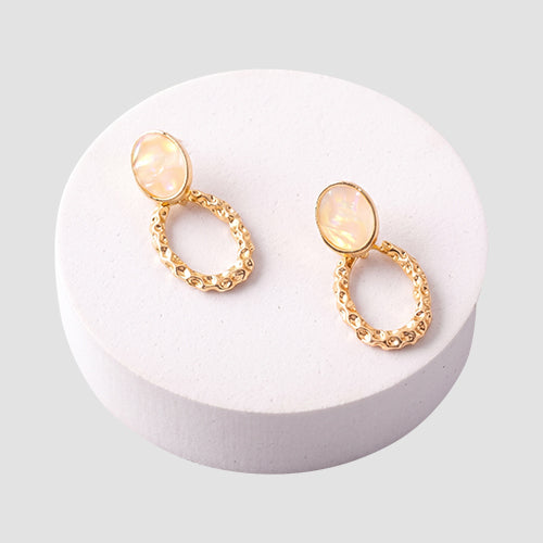 ER39786 Oval Hammered Ring Drop Earring in Gold/Opal