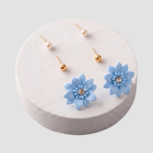 ER39917 Matte Poinsettia Stud 3-Pair Earring Set in Blue