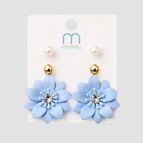 Matte Poinsettia Stud 3-Pair Earring Set in Blue