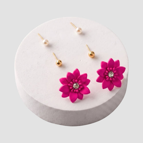 ER39917 Matte Poinsettia Stud 3-Pair Earring Set in Fuchsia