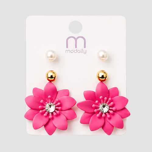 Matte Poinsettia Stud 3-Pair Earring Set in Fuchsia