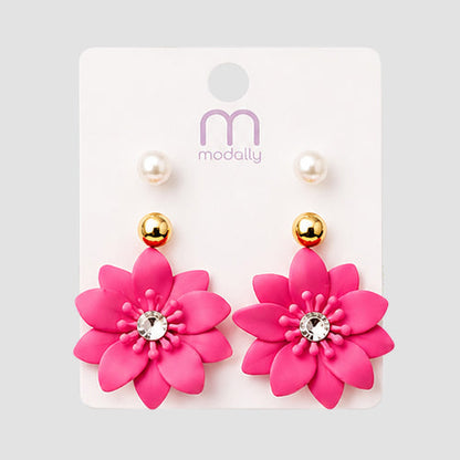 Matte Poinsettia Stud 3-Pair Earring Set in Fuchsia