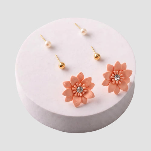 ER39917 Matte Poinsettia Stud 3-Pair Earring Set in Pink