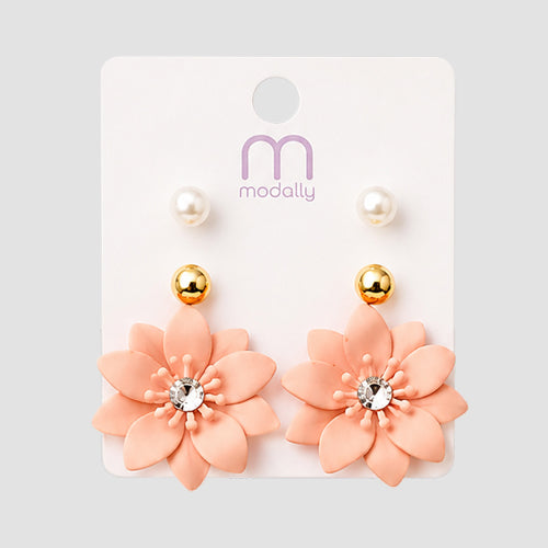 Matte Poinsettia Stud 3-Pair Earring Set in Pink