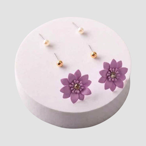 ER39917 Matte Poinsettia Stud 3-Pair Earring Set in Purple