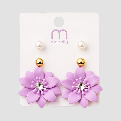 Matte Poinsettia Stud 3-Pair Earring Set in Purple