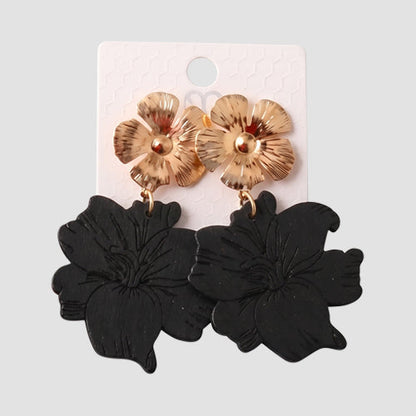 Etched Tropical Flower Wood Drop Earring in Black