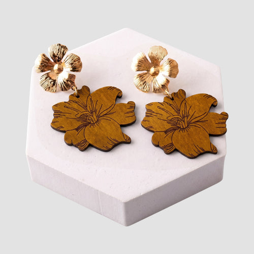 Etched Tropical Flower Wood Drop Earring in Mid Brown
