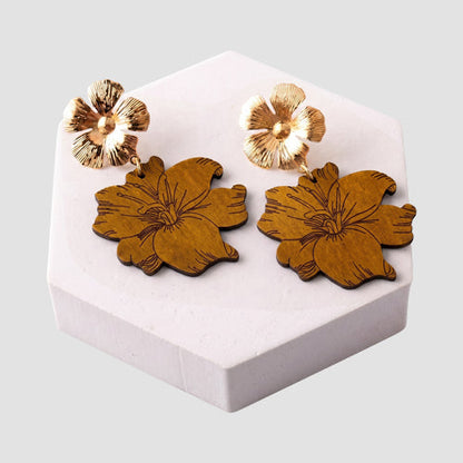 Etched Tropical Flower Wood Drop Earring in Mid Brown