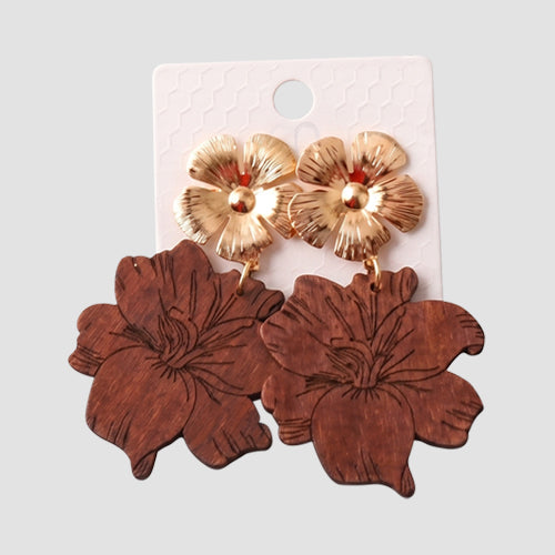 ER39977 Etched Tropical Flower Wood Drop Earring in Dark Brown