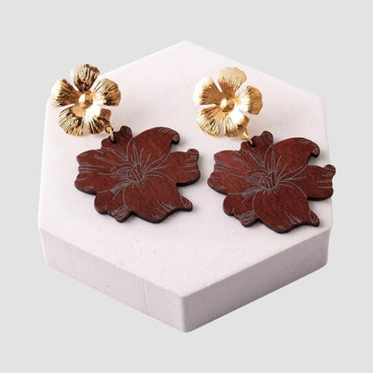 Etched Tropical Flower Wood Drop Earring in Dark Brown