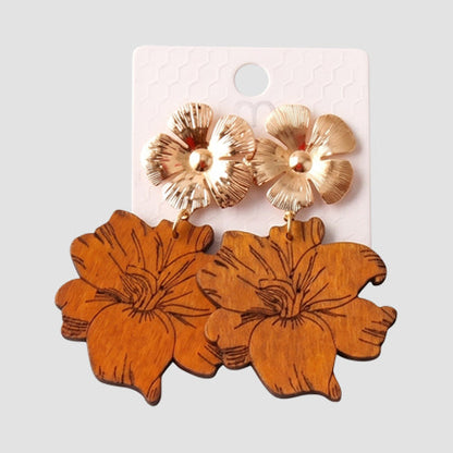 Etched Tropical Flower Wood Drop Earring in Light Brown