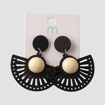 ER39989 Wood Ethnic Fan Circle Drop Earring in White/Black