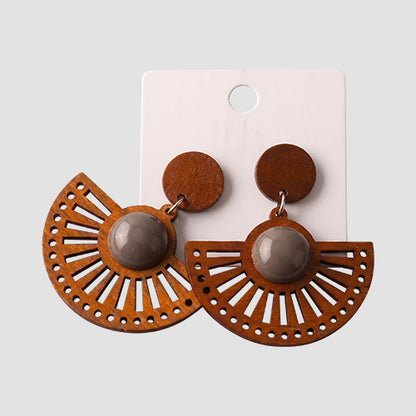 Wood Ethnic Fan Circle Drop Earring in Brown/Brown