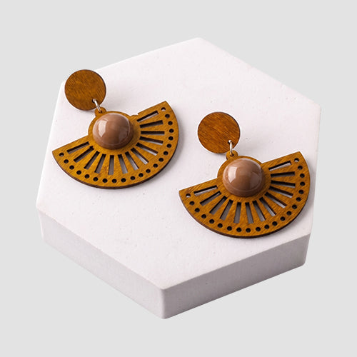 Wood Ethnic Fan Circle Drop Earring in Brown/Brown