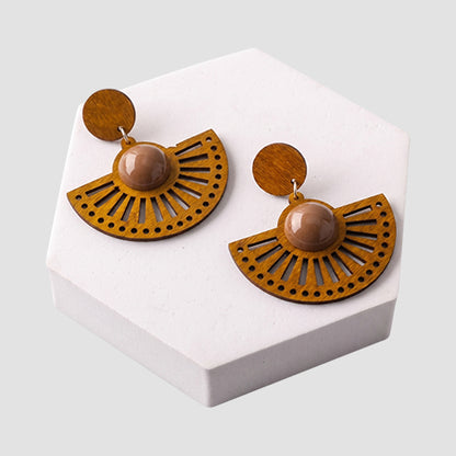 Wood Ethnic Fan Circle Drop Earring in Brown/Brown
