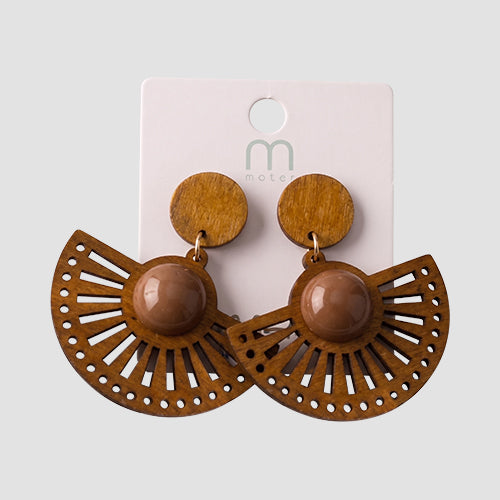 Wood Ethnic Fan Circle Drop Earring in Brown/Khaki