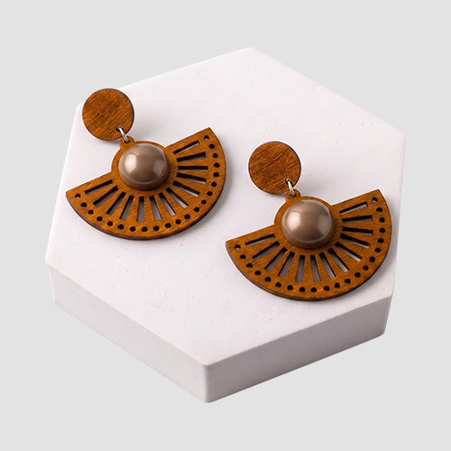 Wood Ethnic Fan Circle Drop Earring in Brown/Khaki