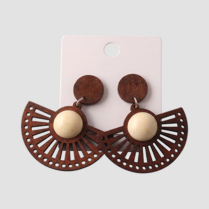 ER39989 Wood Ethnic Fan Circle Drop Earring in White/Brown 