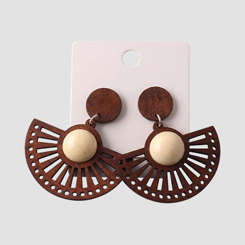 ER39989 Wood Ethnic Fan Circle Drop Earring in White/Brown 