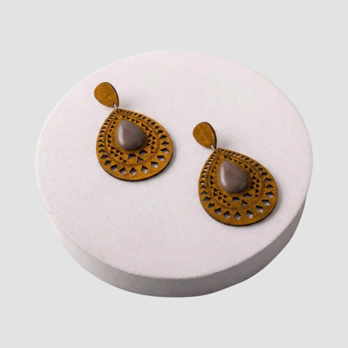 ER39990 Ethnic Cut Wood Teardrop Earring in Brown/Mid Brown