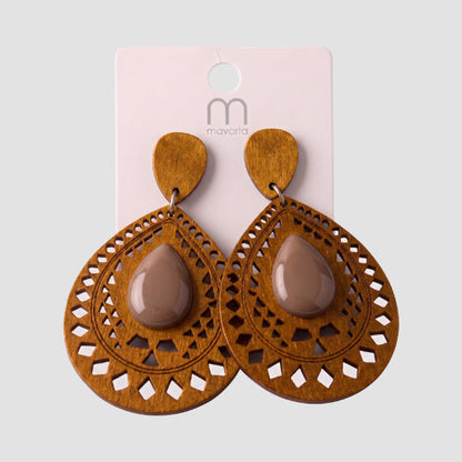 Ethnic Cut Wood Teardrop Earring in Brown/Mid Brown
