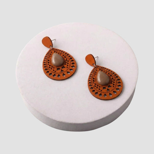 ER39990 Ethnic Cut Wood Teardrop Earring in Brown/Light Brown
