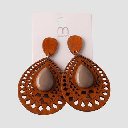 ER39990 Ethnic Cut Wood Teardrop Earring in Brown/Light Brown