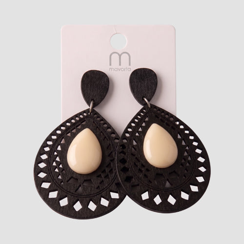 Ethnic Cut Wood Teardrop Earring in White & Black