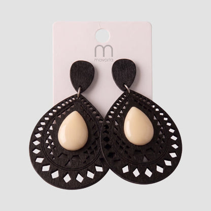 Ethnic Cut Wood Teardrop Earring in White & Black