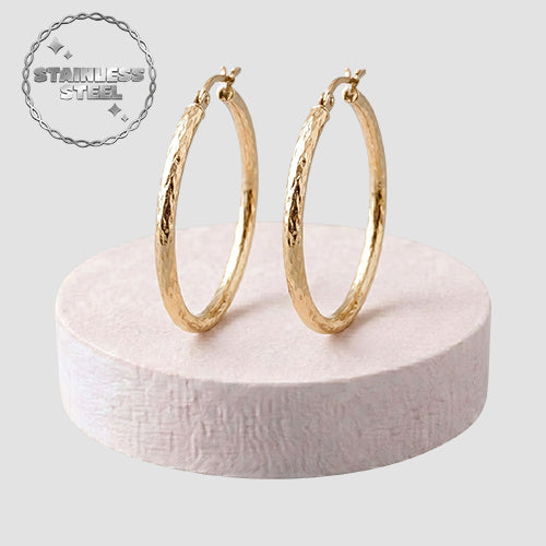 Stainless Steel Post Etched Graduated Hoop Earring in Gold